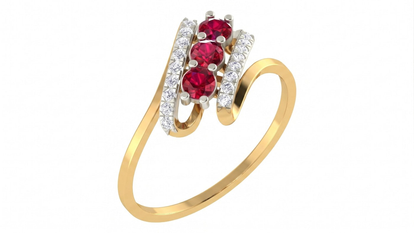Yellow gold and diamond with ruby gemstone on a white background.