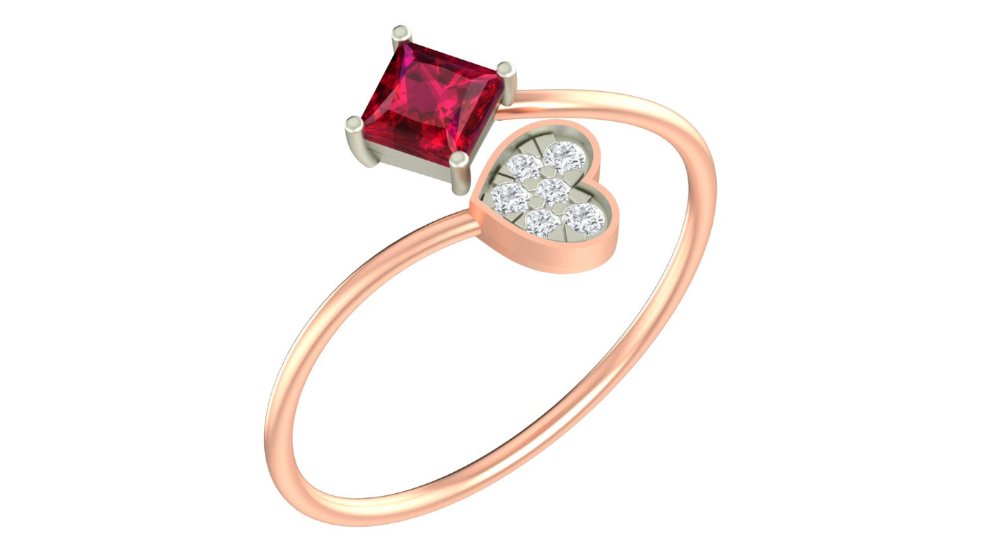 Rose gold and diamond with square-shaped ruby gemstone setting on a white background.