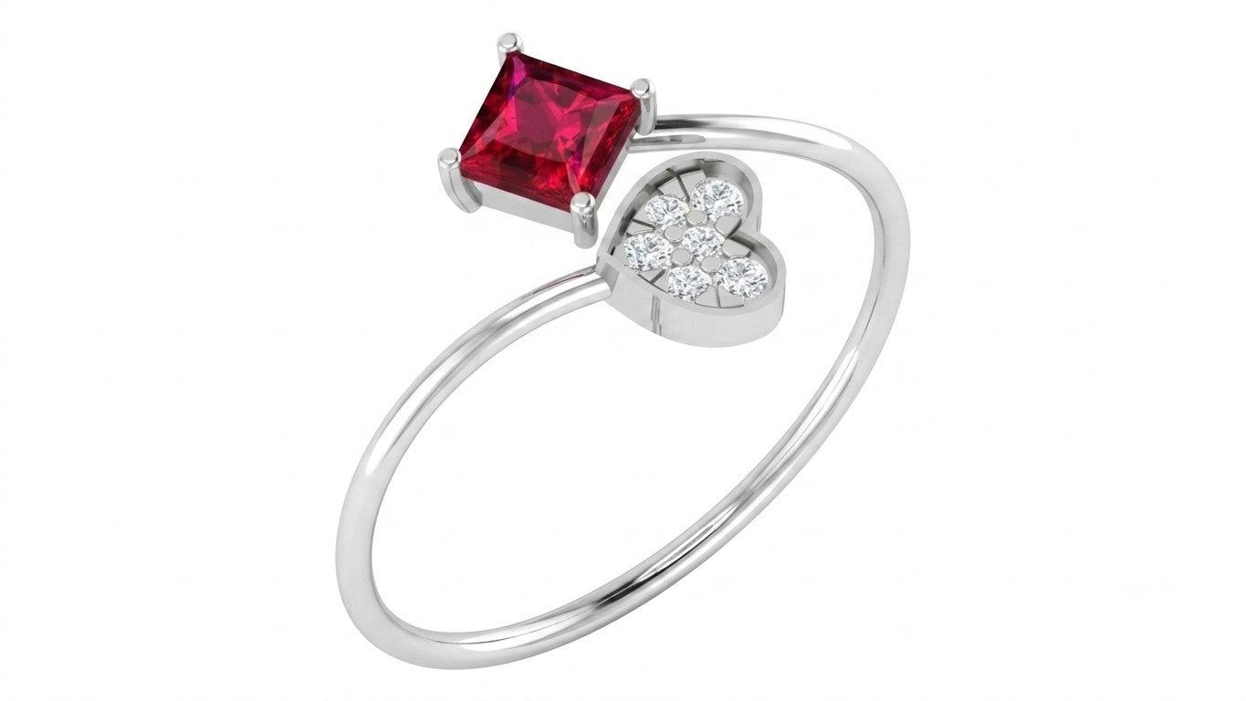 White gold and diamond with square-shaped ruby gemstone setting on a white background.