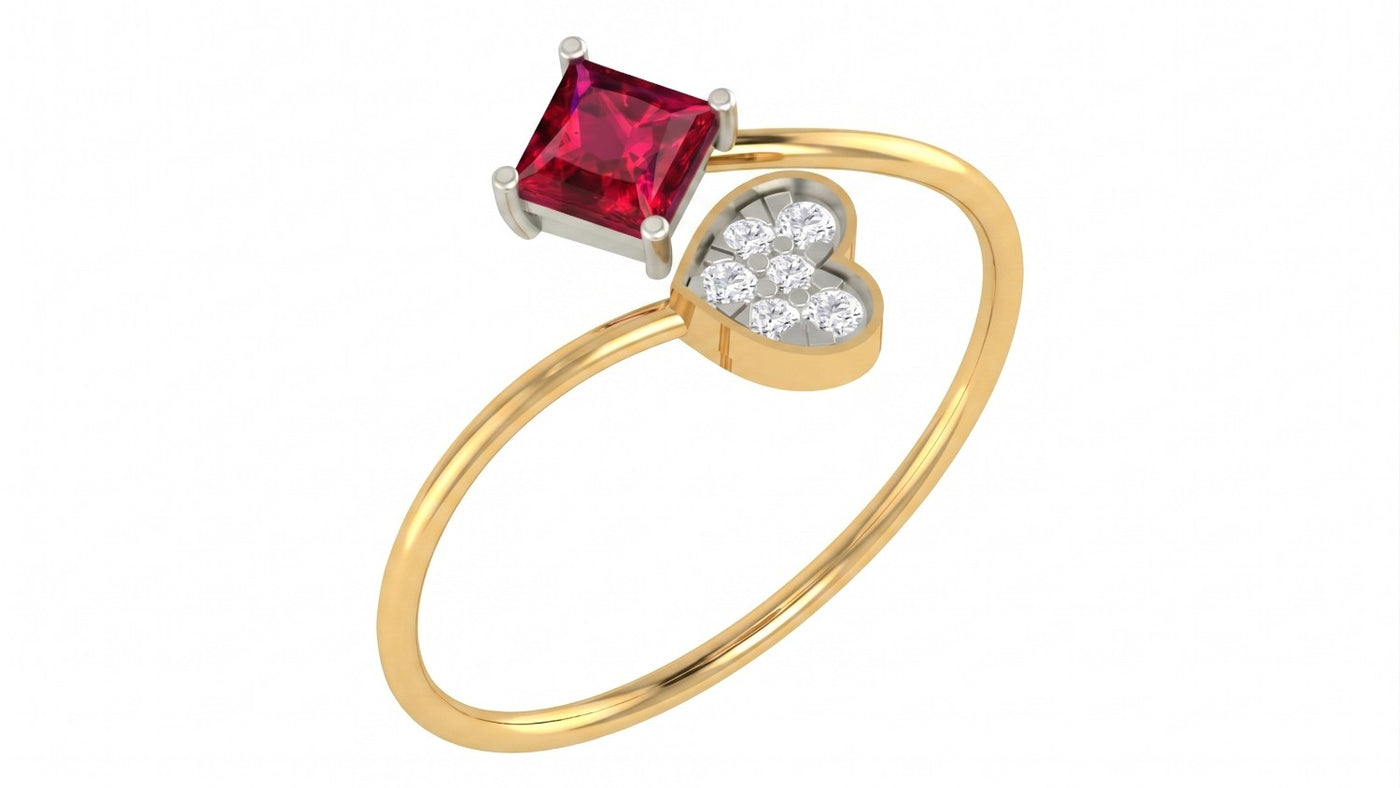 Yellow gold and diamond with square-shaped ruby gemstone setting on a white background.