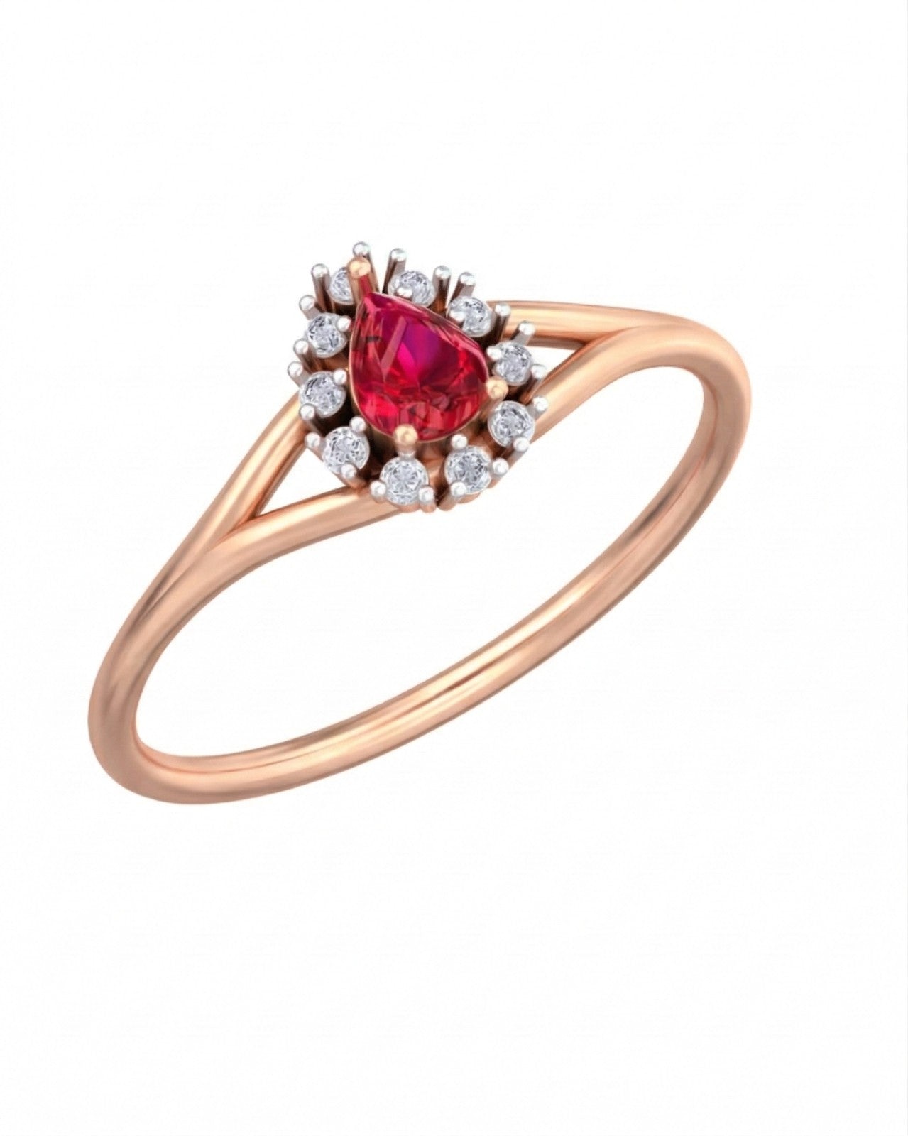 Rose gold and diamond with teardrop ruby gemstone setting on a white background.