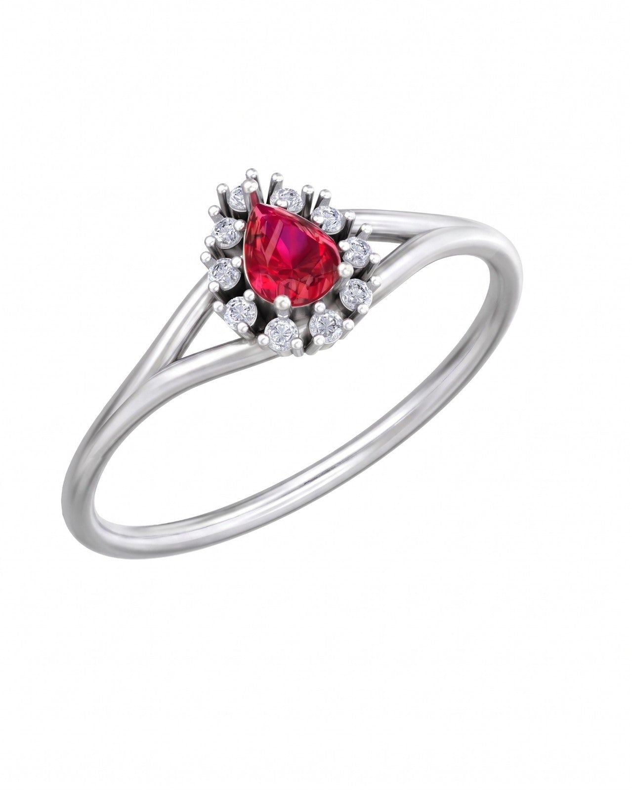 White gold and diamond with teardrop ruby gemstone setting on a white background.