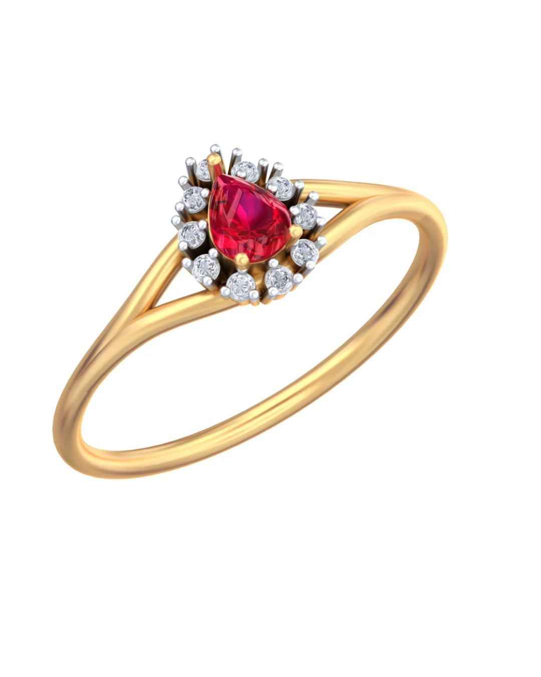 Yellow gold and diamond with teardrop ruby gemstone setting on a white background.