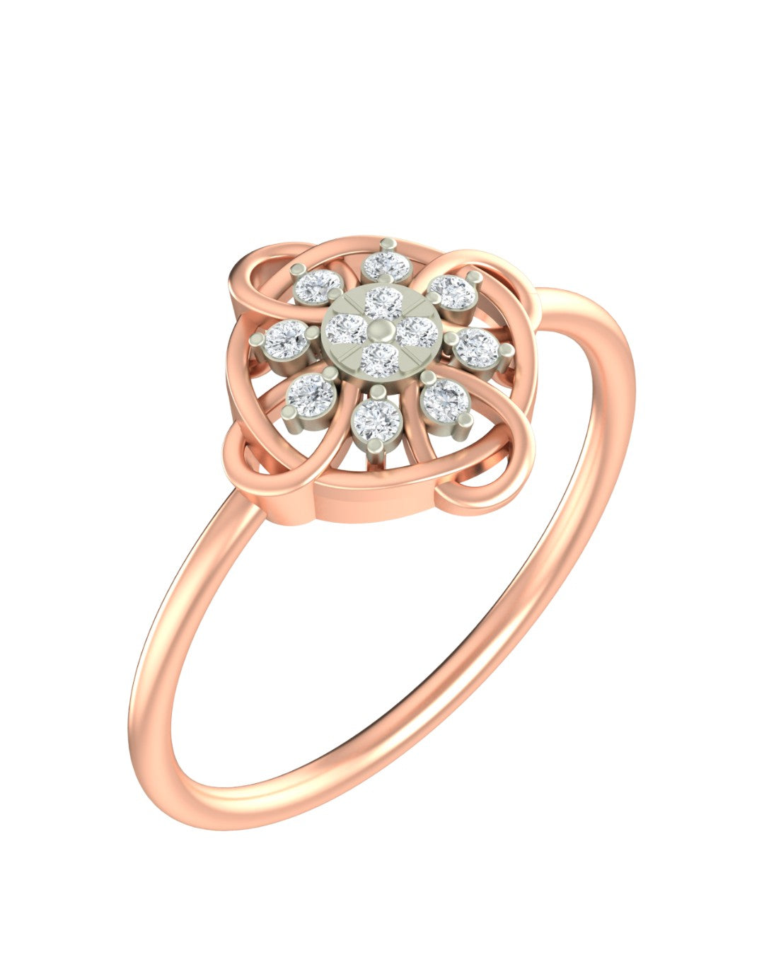 A rose gold ring with a floral cluster setting, shown on a plain white background.