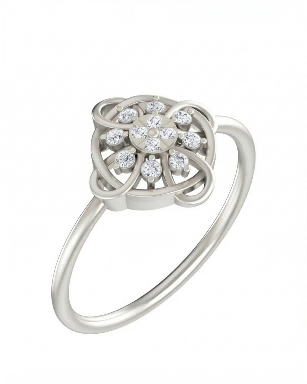 A white gold ring with a floral cluster setting, shown on a plain white background.
