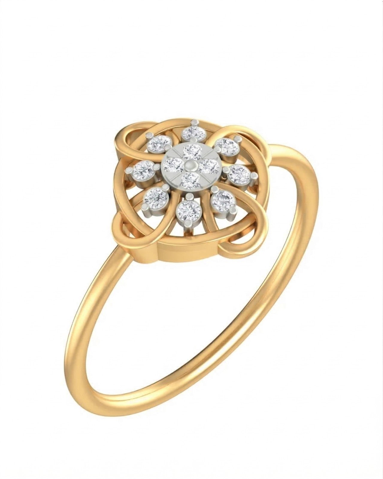 A yellow gold ring with a floral cluster setting, shown on a plain white background.