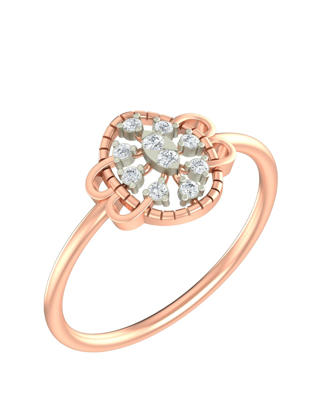 A rose gold ring with a floral-design cluster, set against a plain white background.