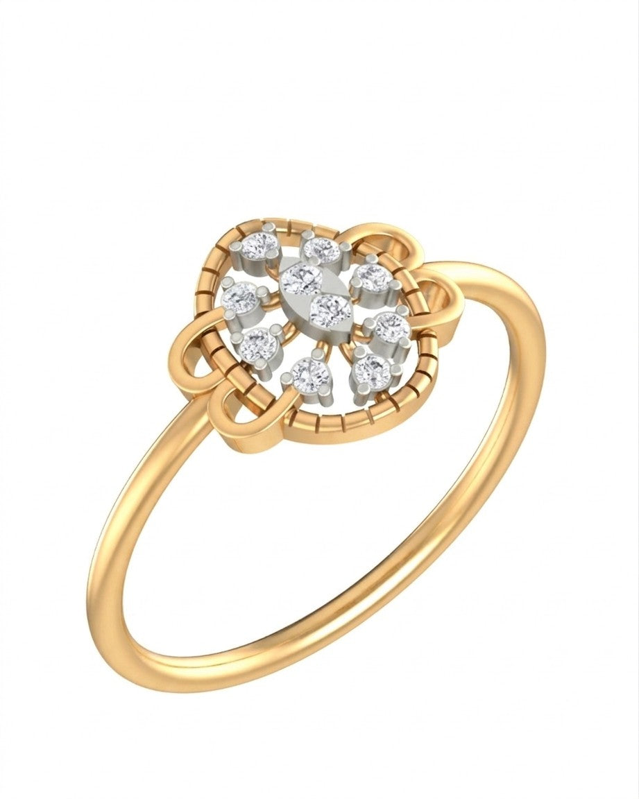 A yellow gold ring with a floral-design cluster, set against a plain white background.