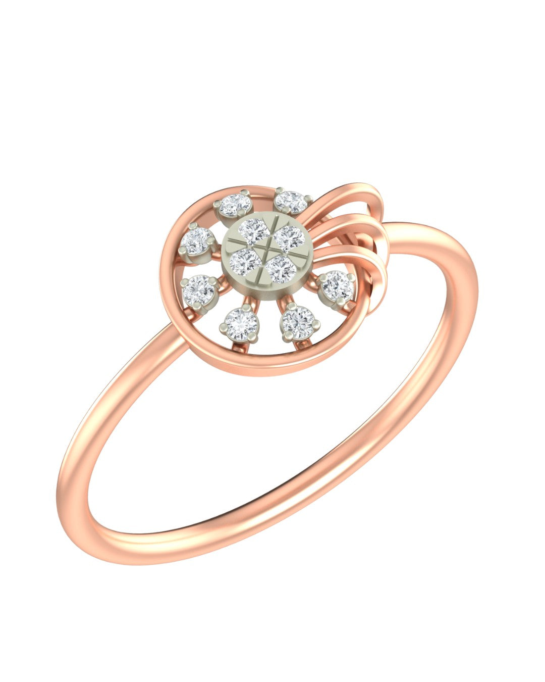 Rose gold ring with diamond accents on a white background