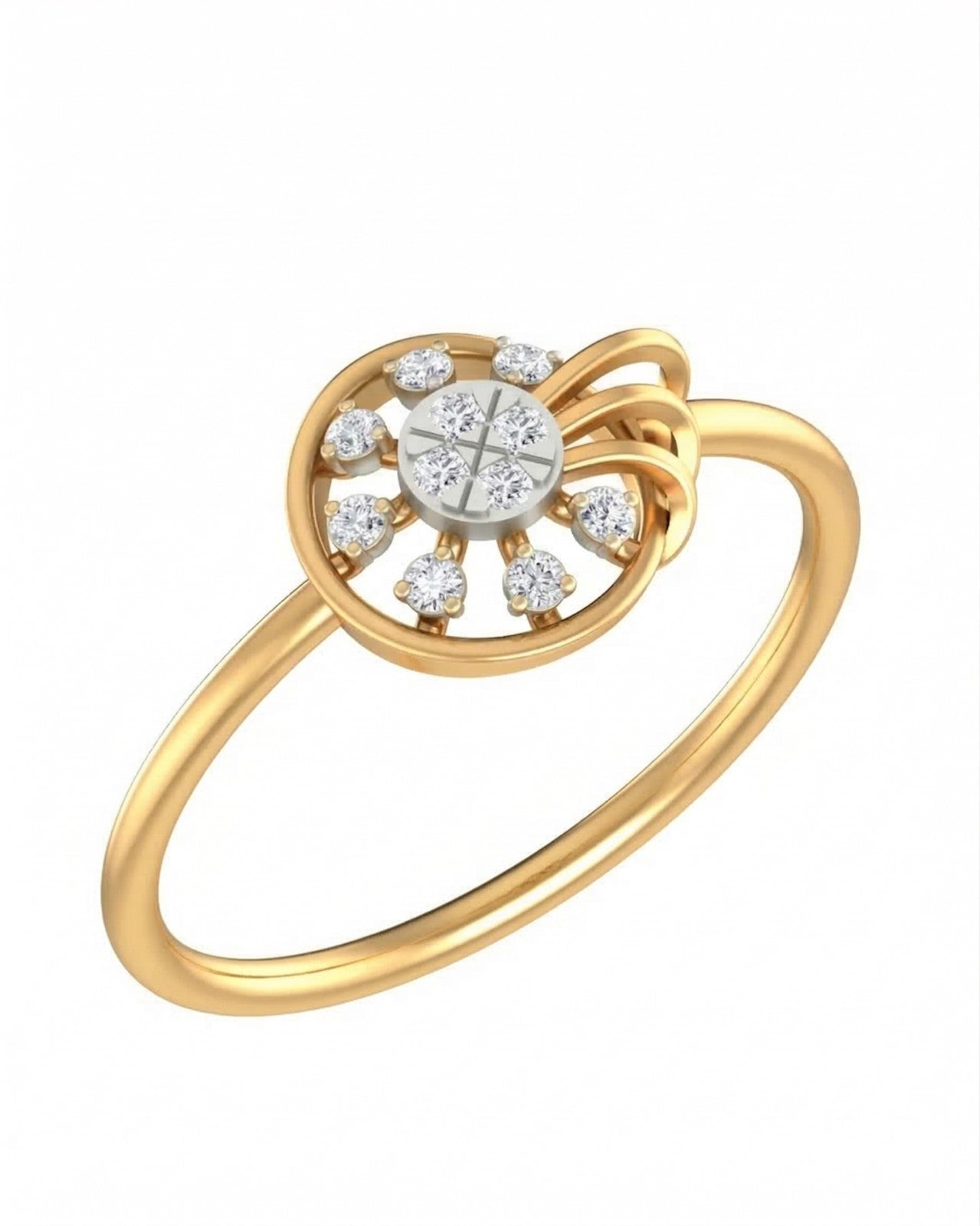 Yellow gold ring with diamond accents on a white background