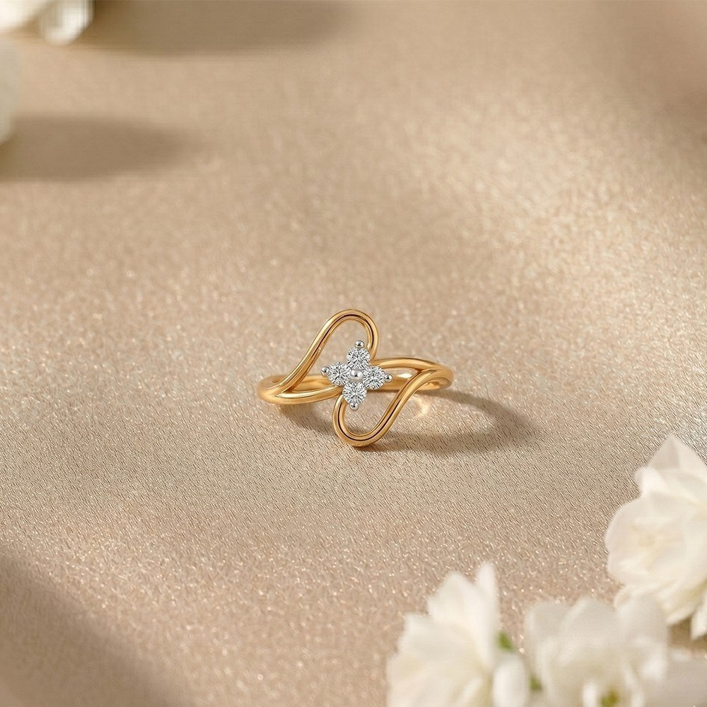 Gold and diamond with floral design on a beige surface.