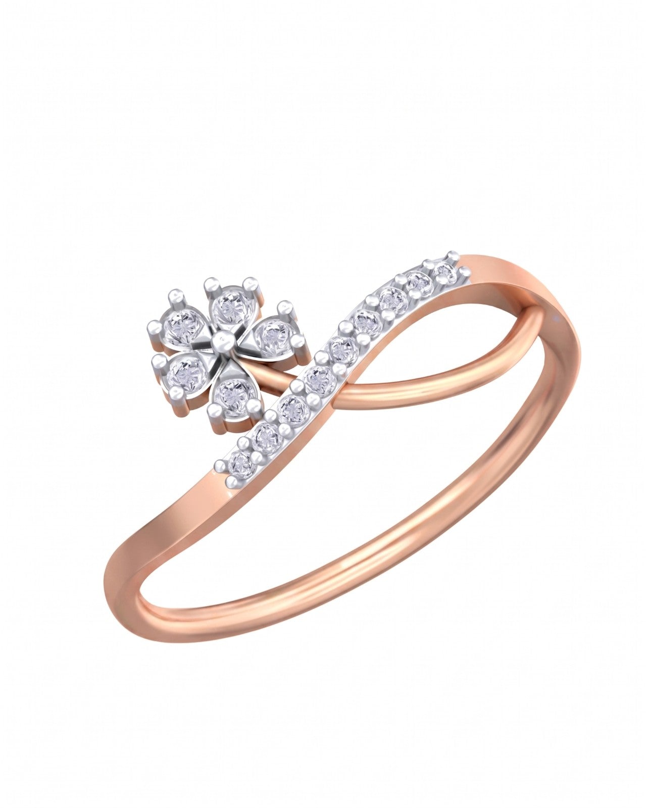 Rose gold ring with diamond floral design on a white background