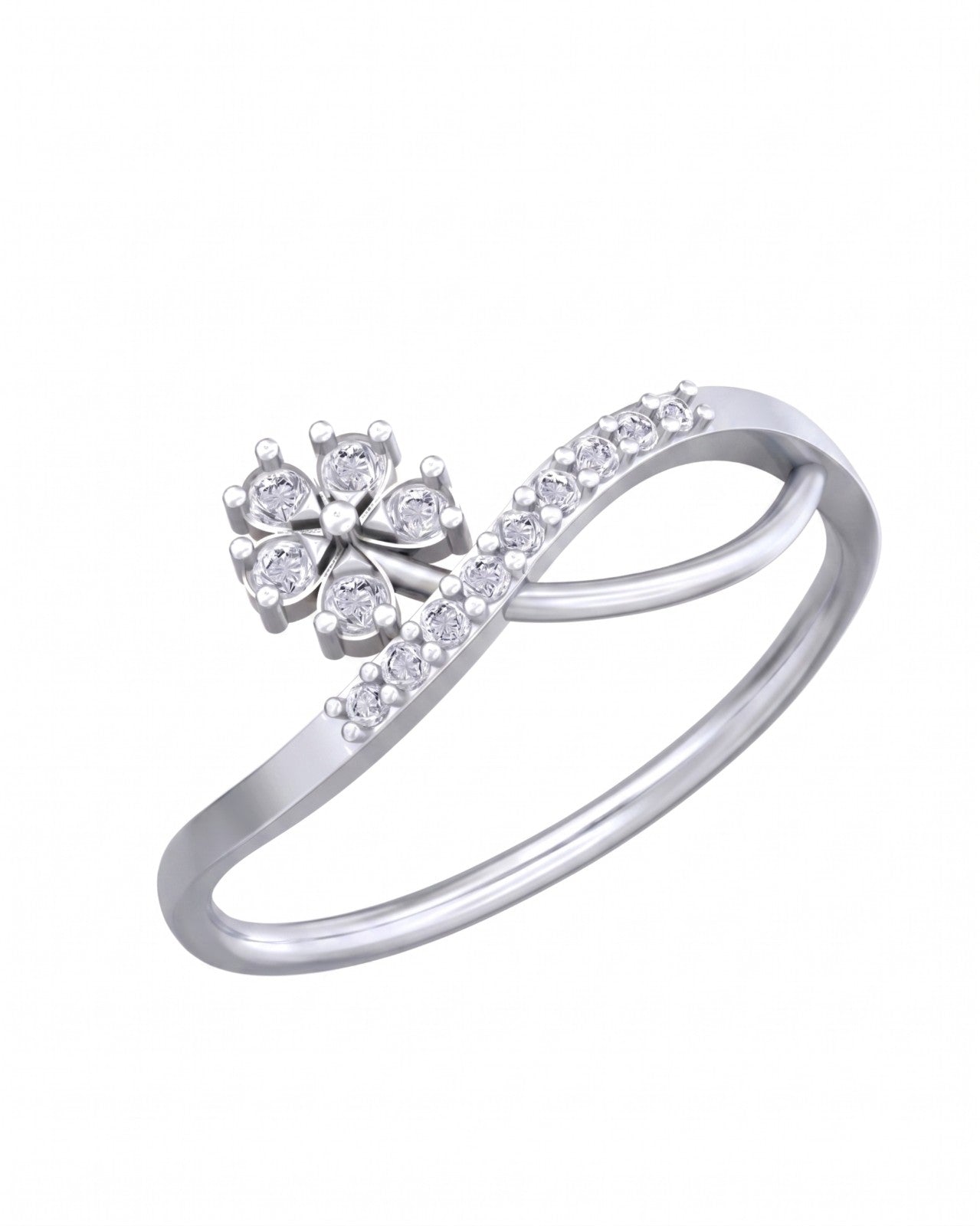 White gold ring with diamond floral design on a white background