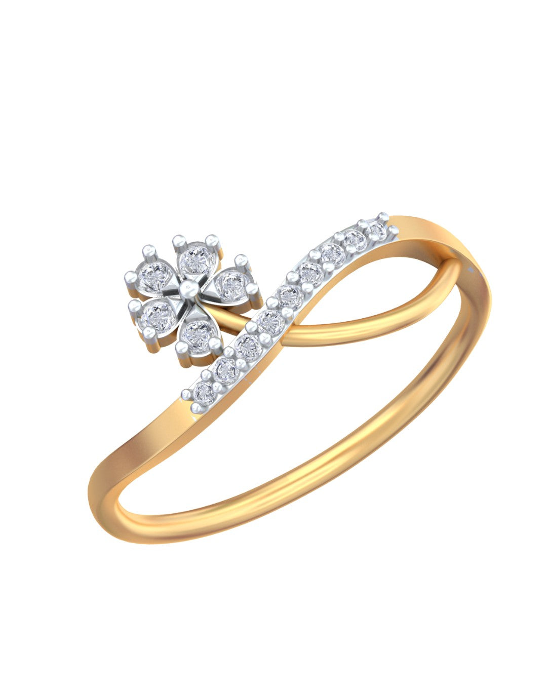Yellow gold ring with diamond floral design on a white background