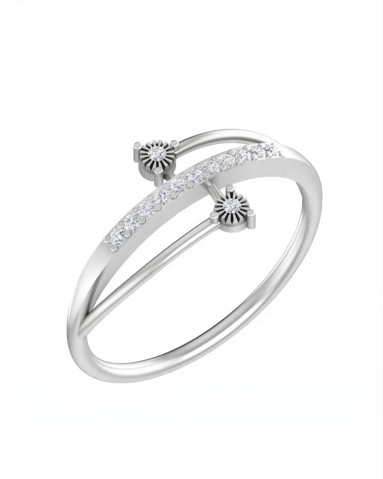 White gold and diamond half-eternity ring on a white background.