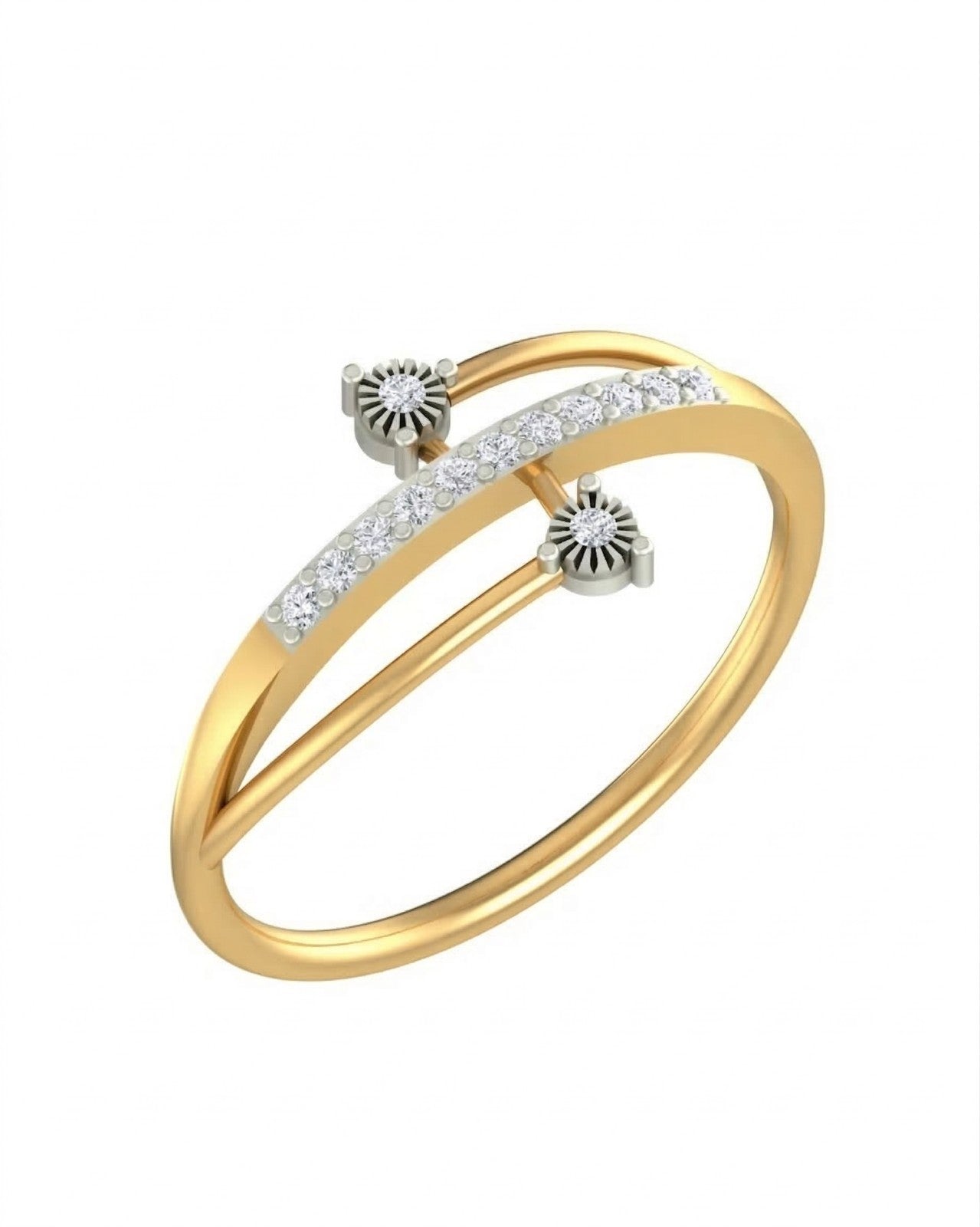 Yellow gold and diamond half-eternity ring on a white background.