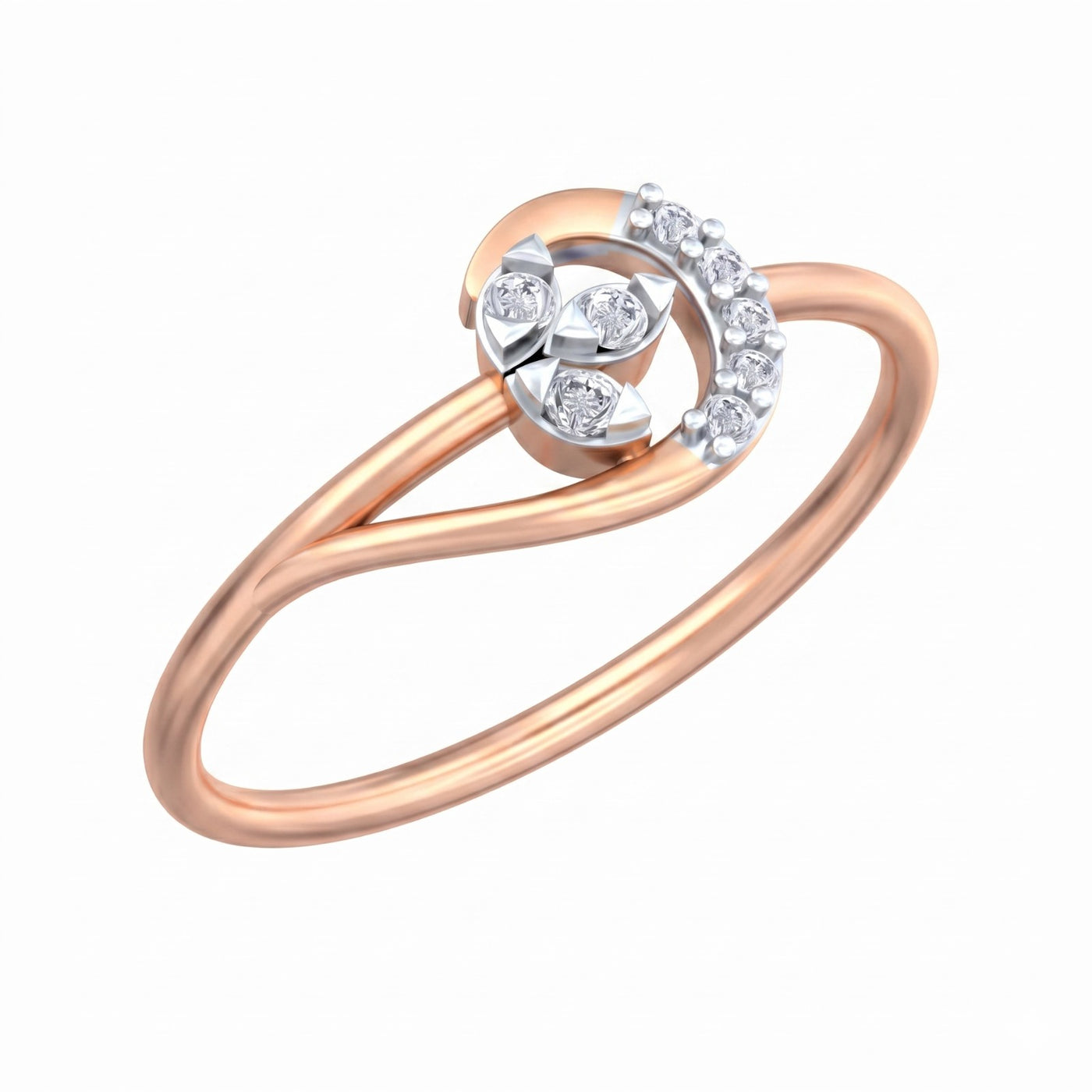 Rose gold and diamond with women's ring on a white background.