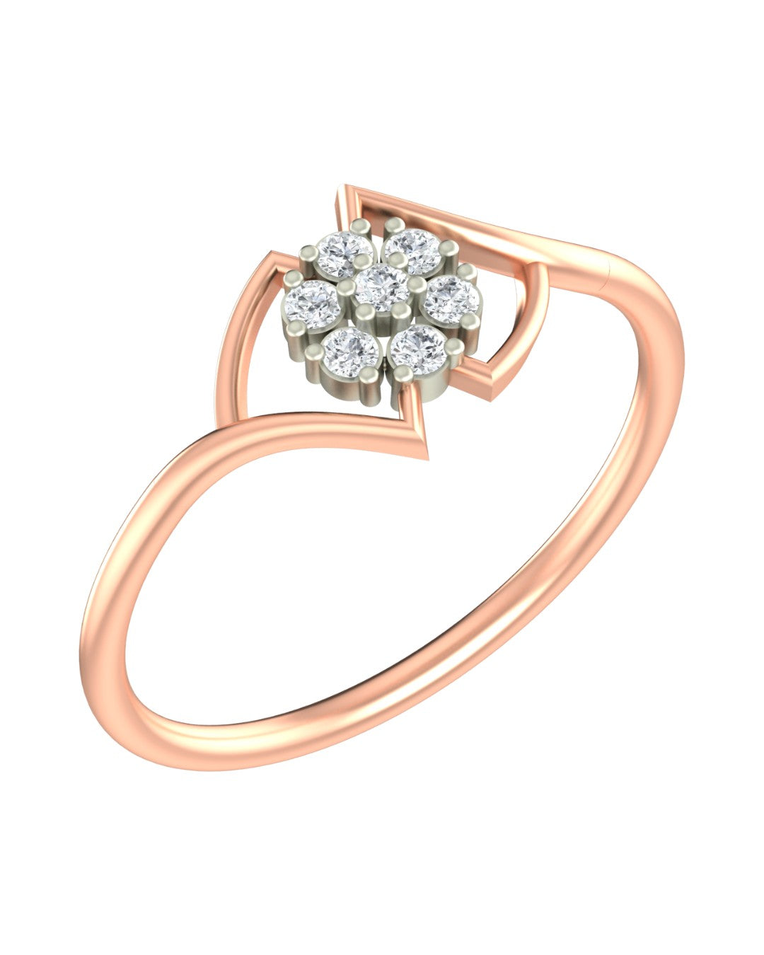 Rose gold ring with diamond floral design on a white background.