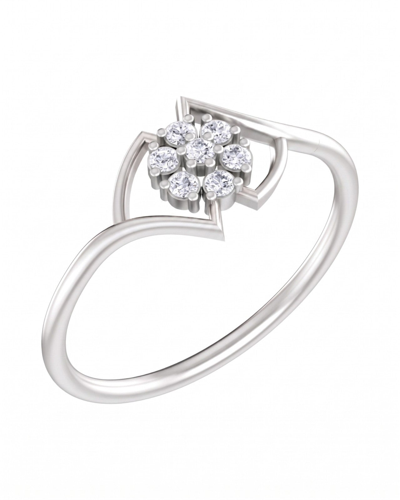 White gold ring with diamond floral design on a white background.