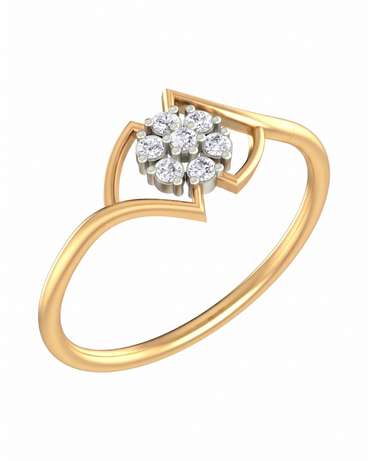 Yellow gold ring with diamond floral design on a white background.