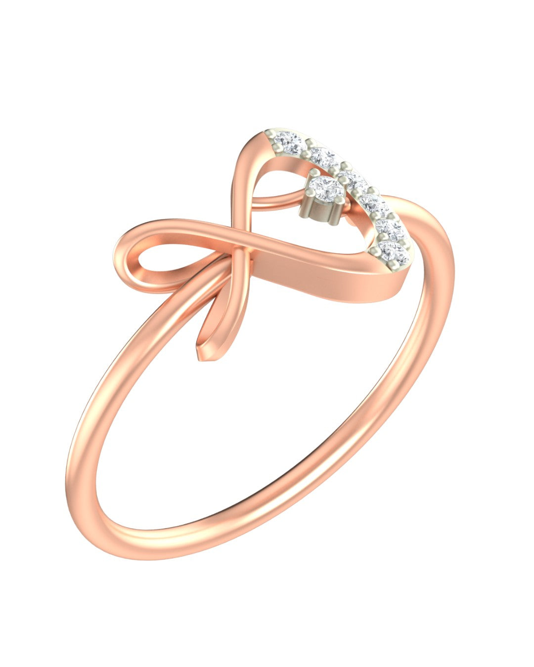 Rose gold and diamond women's ring on a white background.