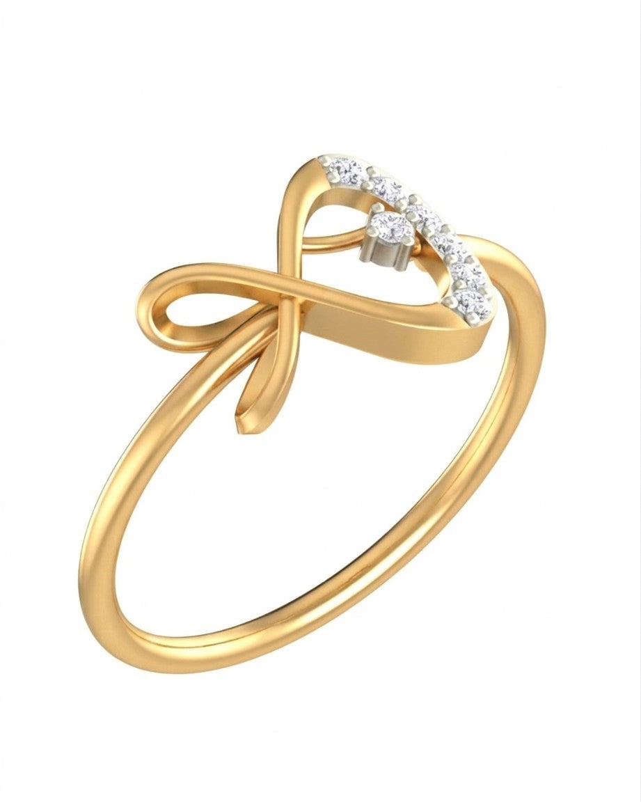 Yellow gold and diamond women's ring on a white background.