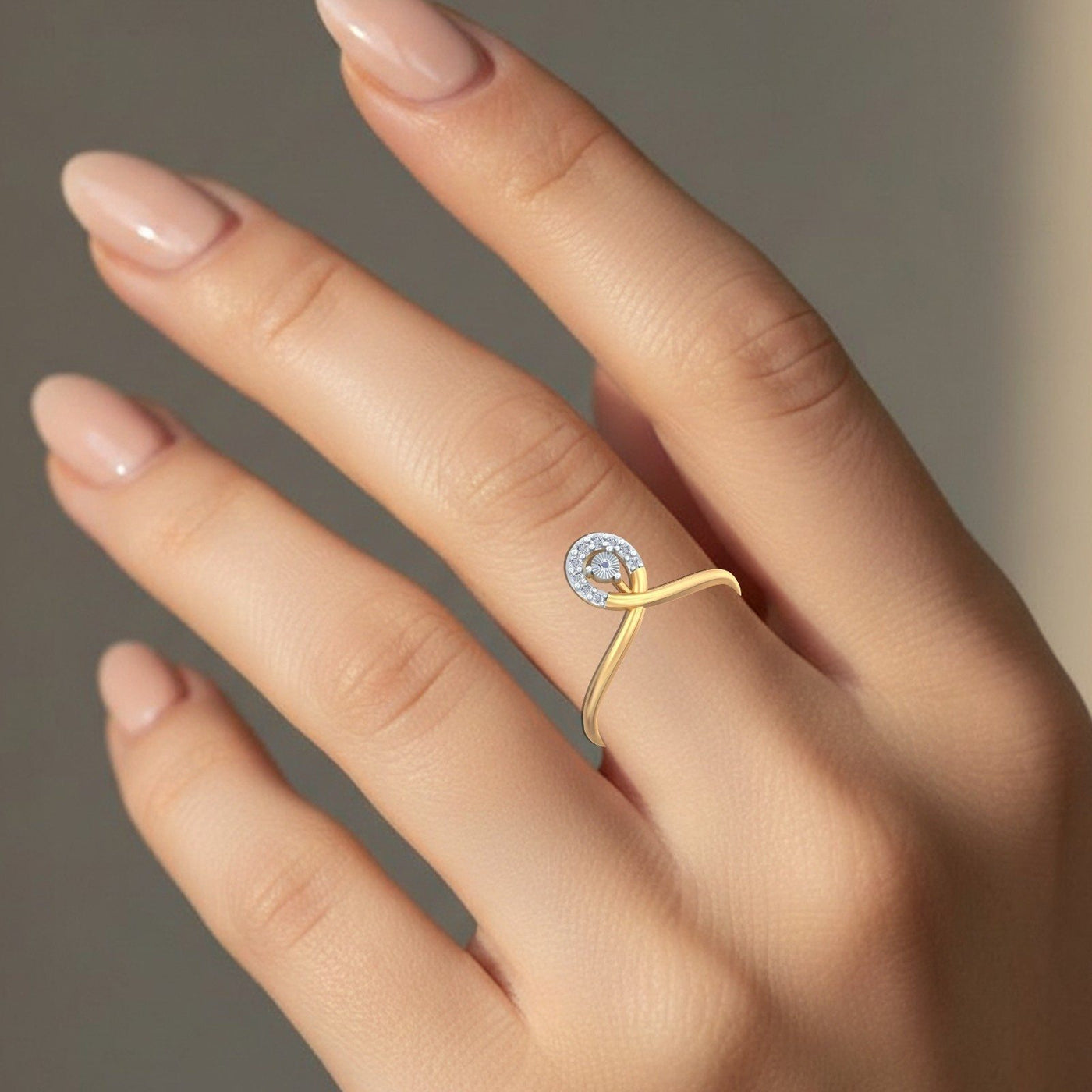 Gold and diamond ring on a person's finger.