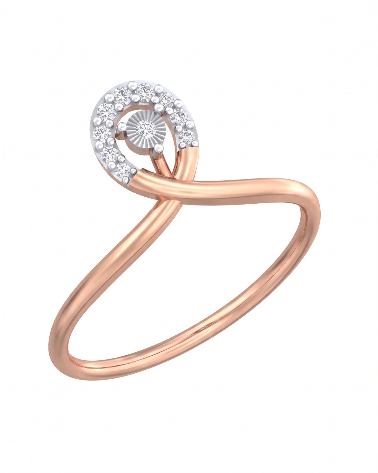 Rose gold and diamond ring on a white background.