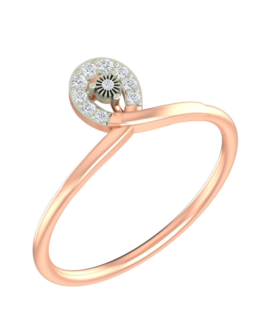 Rose gold and diamond women's ring on a white background.