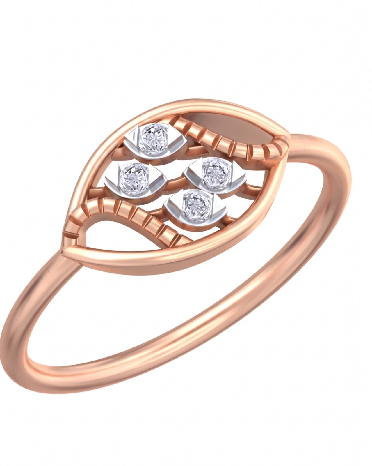 Rose gold and diamond women's ring on a white background.
