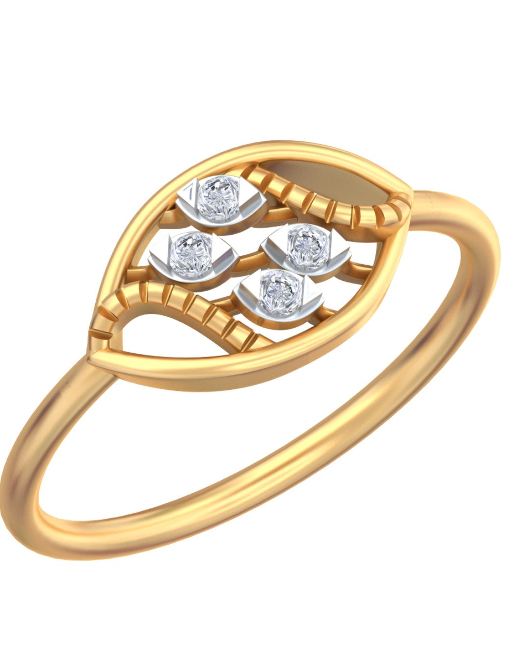 Yellow gold and diamond women's ring on a white background.