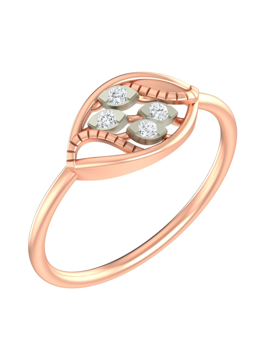 Rose gold ring with three diamonds on a white background