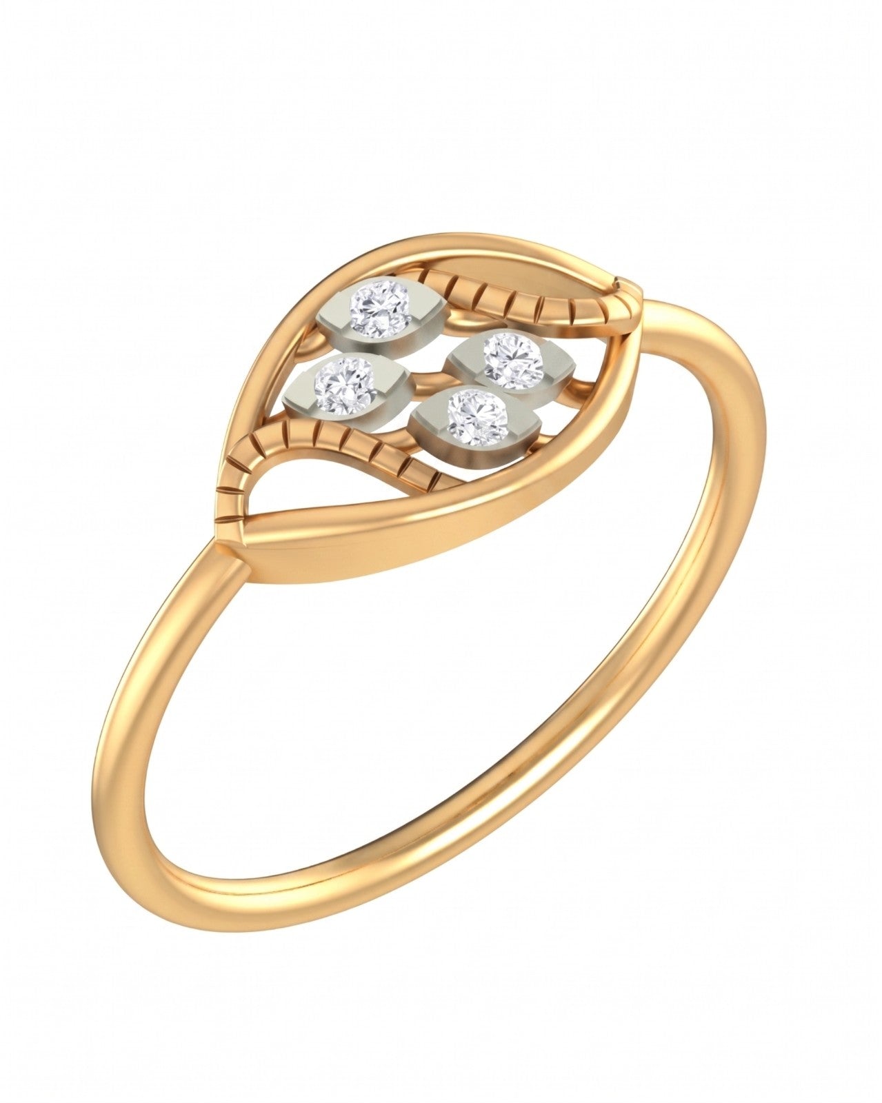 Yellow gold ring with three diamonds on a white background