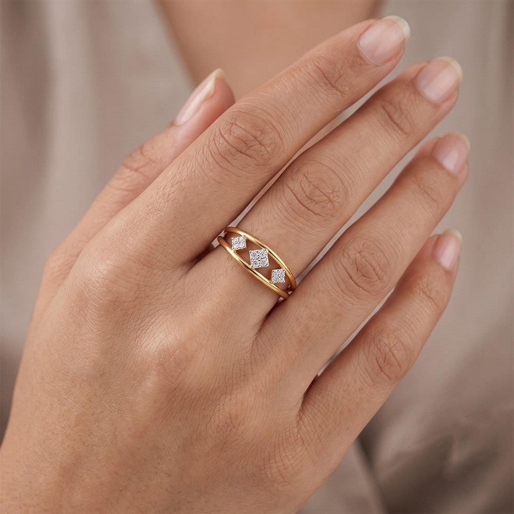Close-up shot of  a gold ring with diamond accents women's ring.