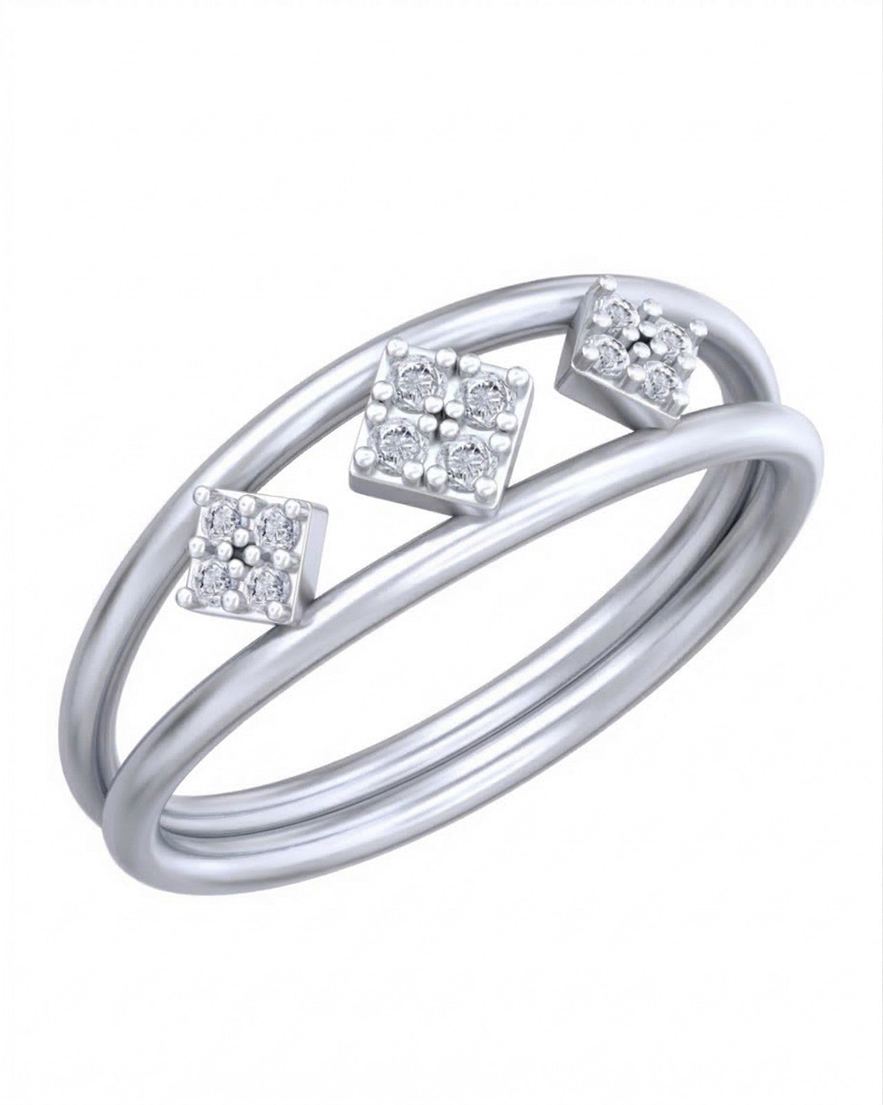 White gold ring with diamond accents on a white background