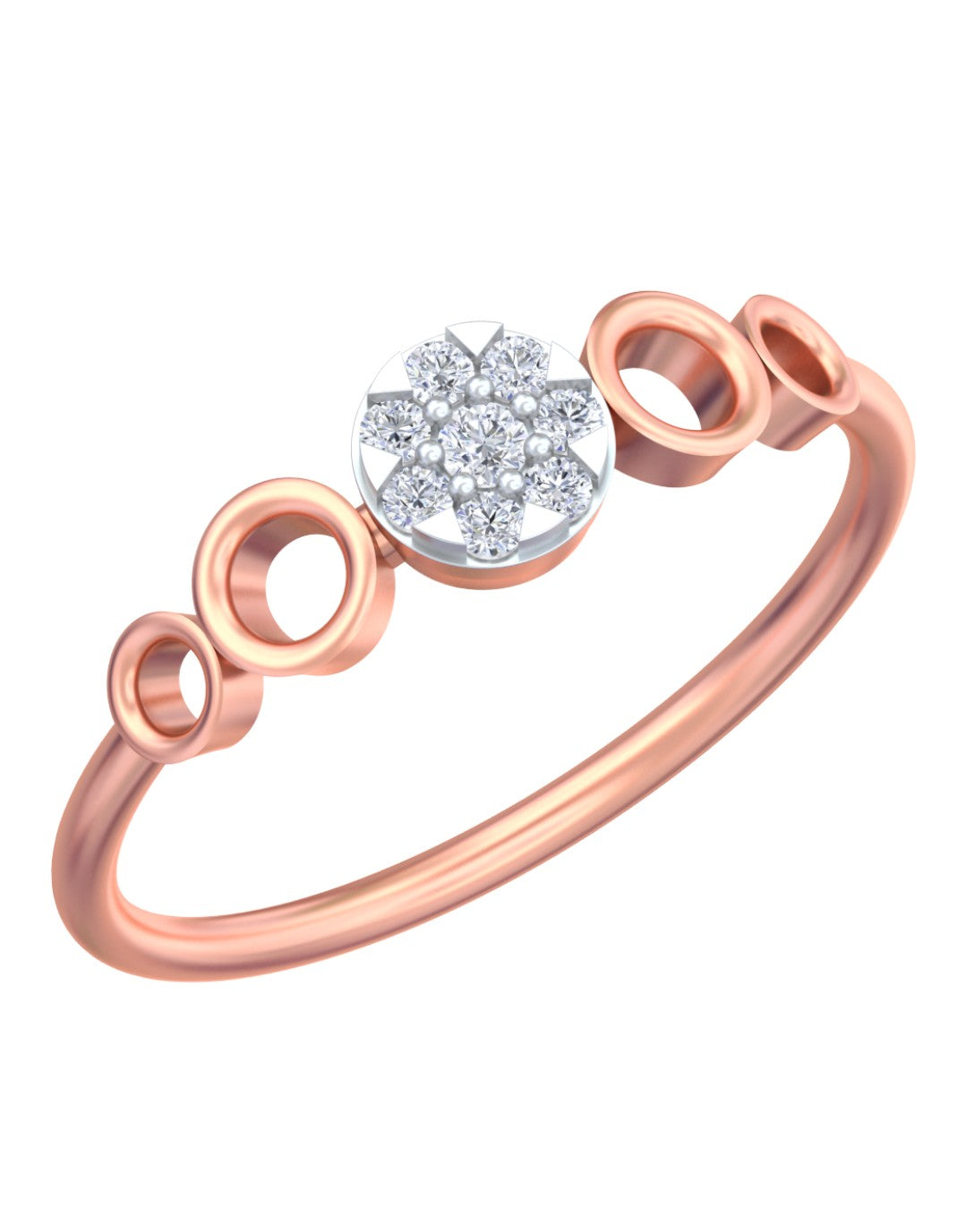 Rose gold and diamond with round-shaped cluster setting on a white background.