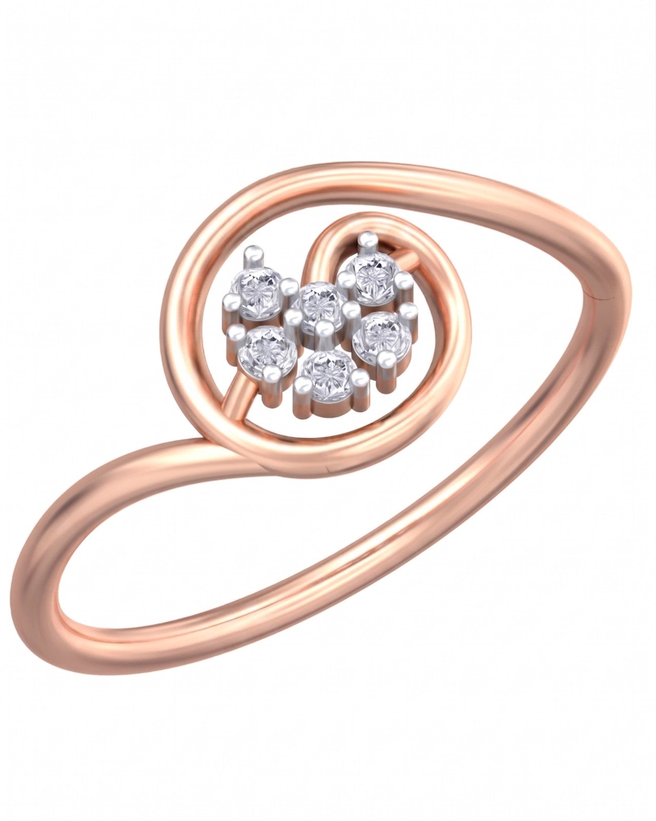 A rose gold ring featuring a twisted band with a central cluster, shown on a plain white background.
