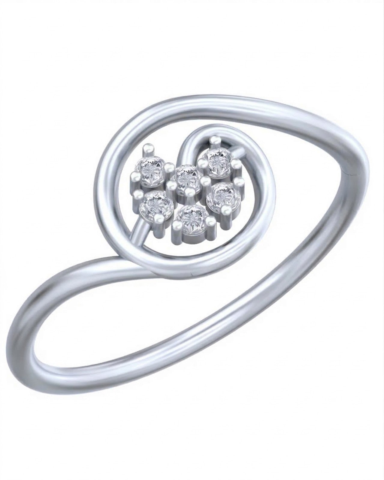 A white gold ring featuring a twisted band with a central cluster, shown on a plain white background.