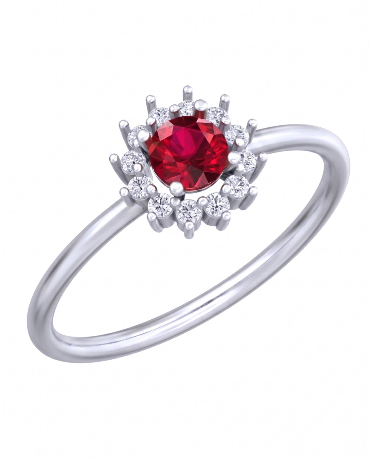 White gold and diamond with ruby gemstone setting on a white background