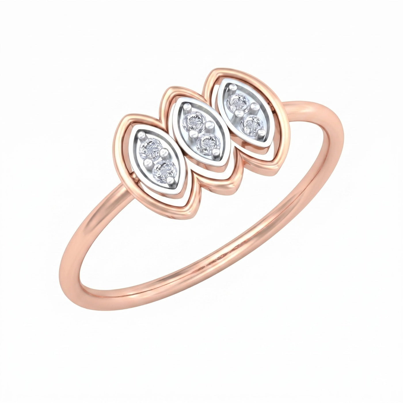 A rose gold and diamond ring featuring three marquise-cut diamond clusters, shown on a plain white background.