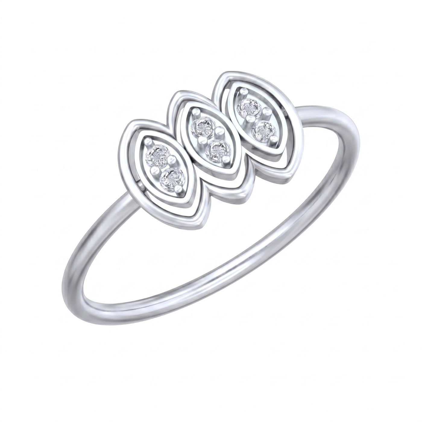 A white gold and diamond ring featuring three marquise-cut diamond clusters, shown on a plain white background.