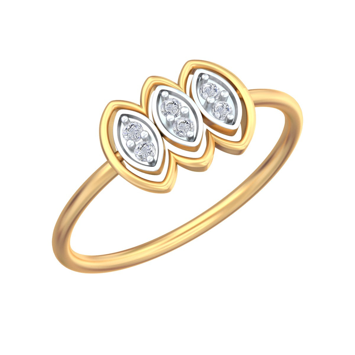 A yellow gold and diamond ring featuring three marquise-cut diamond clusters, shown on a plain white background.