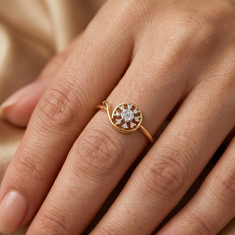 Close-up shot of a gold and diamond with cluster setting ring.