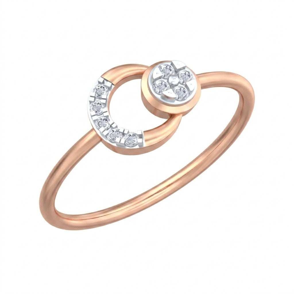 Rose gold and diamond circular ring on a white background.
