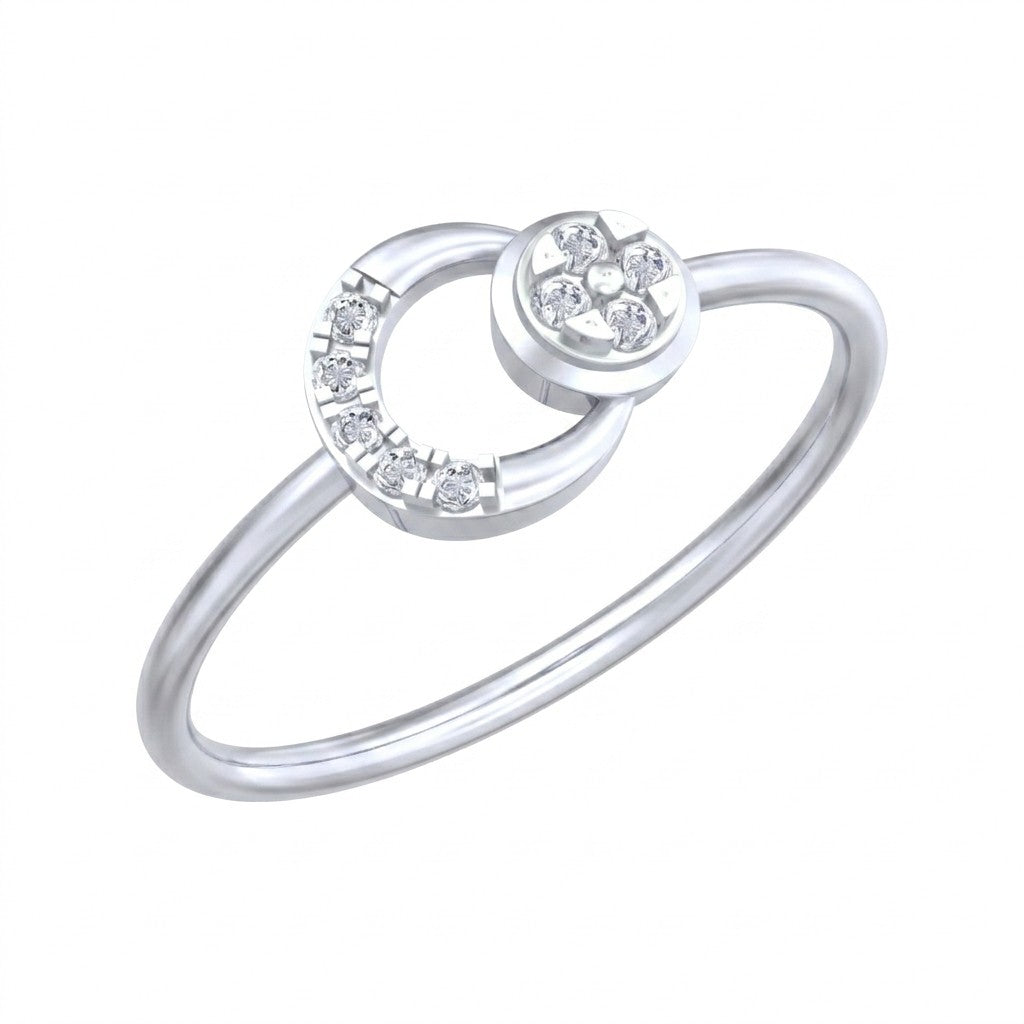 White gold and diamond circular ring on a white background.