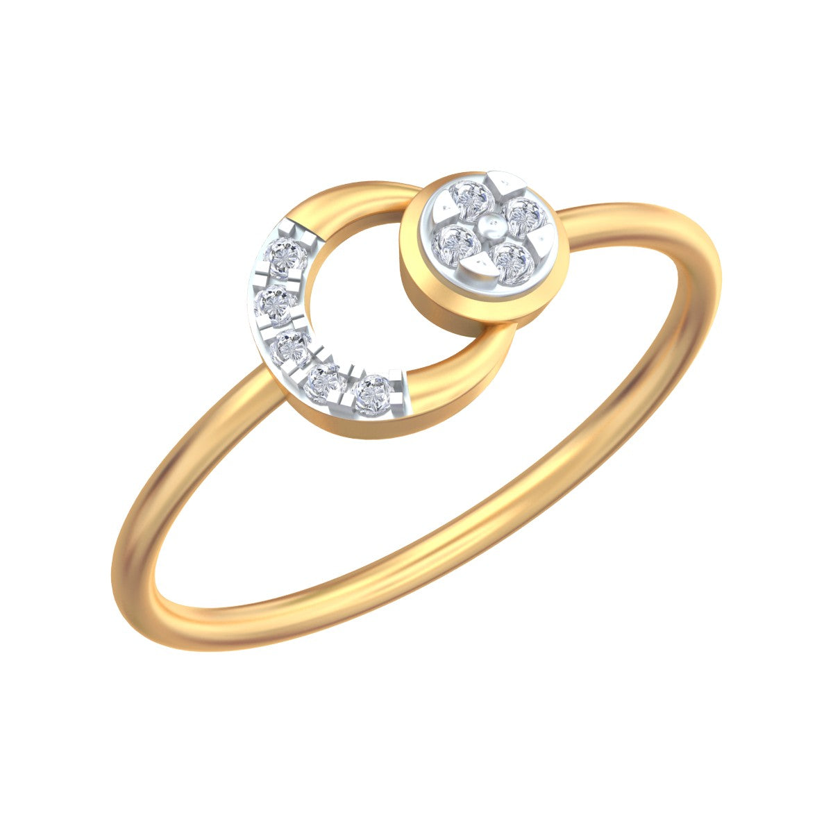 Yellow gold and diamond circular ring on a white background.
