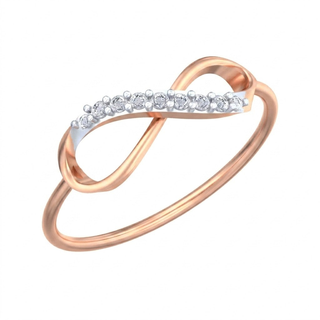 Rose gold and dimaond with infinity design on a white background.
