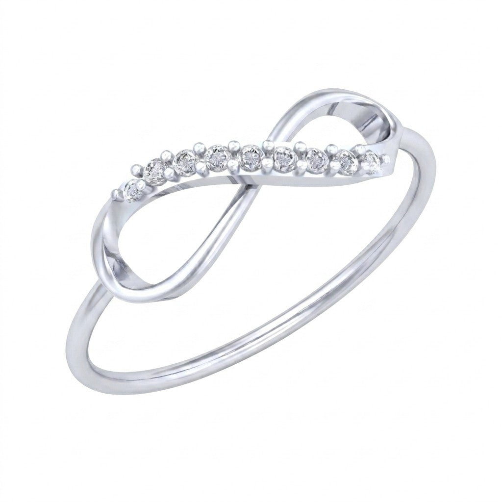 White gold and dimaond with infinity design on a white background.