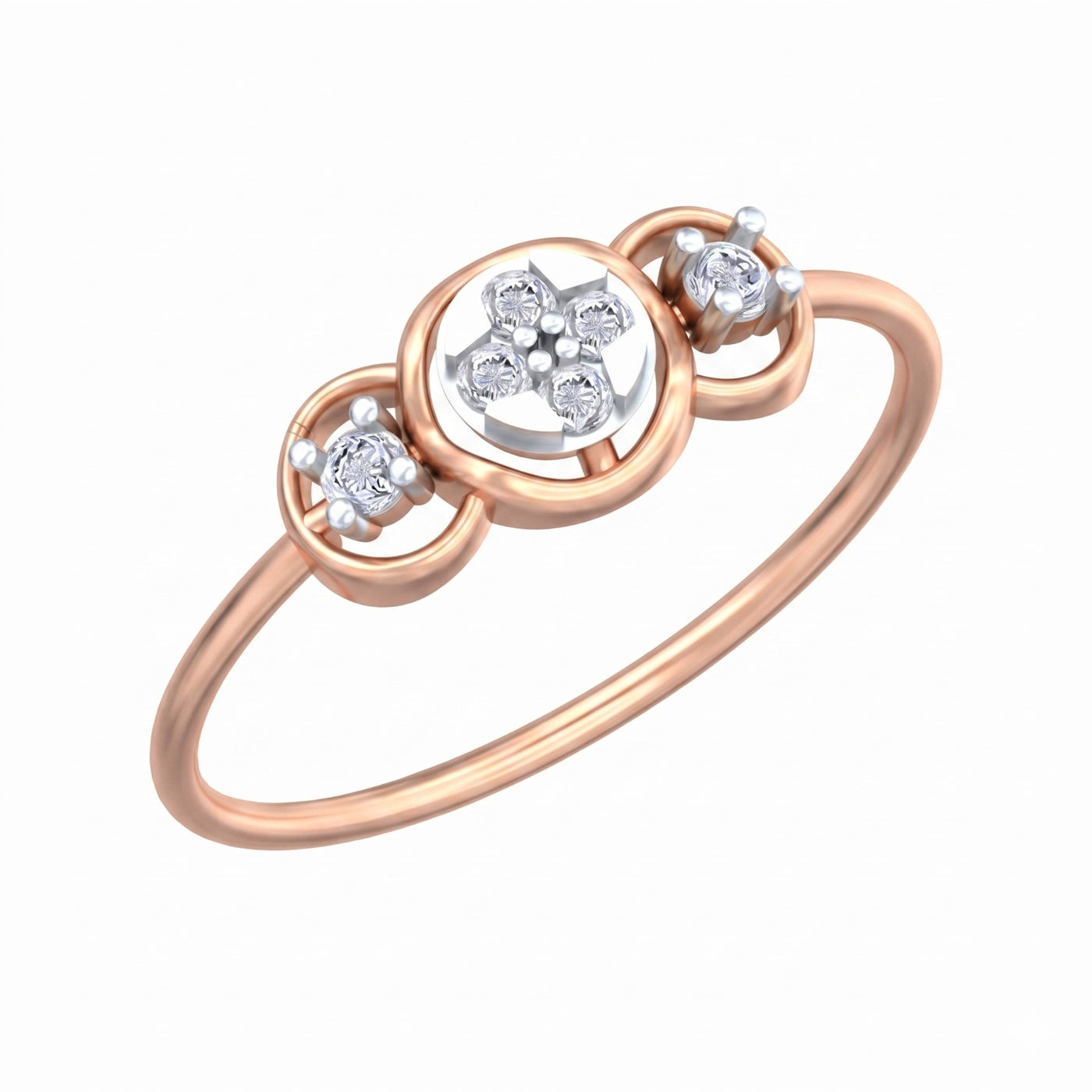 A rose gold ring featuring a central cluster, set on a plain white background.