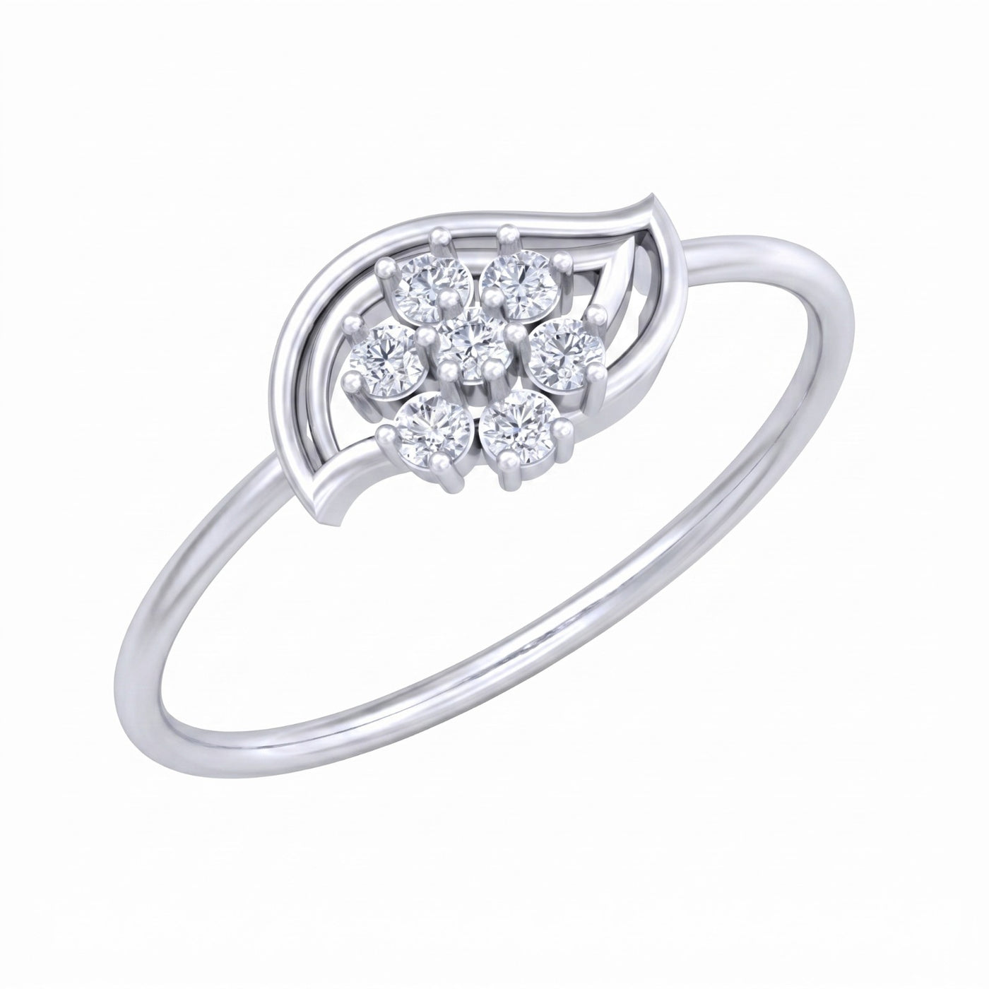 White gold and diamond with floral cluster setting on a white background.